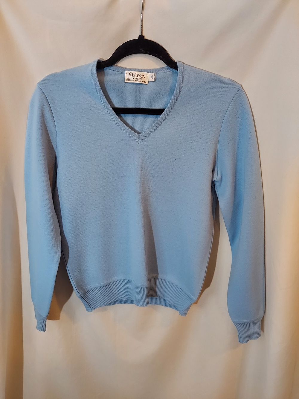 VTG St. Croix Knits 100% Zephyr Wool V-Neck Sweater Powder Blue - Flawed